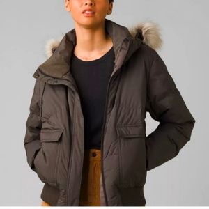 NWT Down PrAna Kromata Bomber Hood Faux Fur Trim Jacket Black Olive L